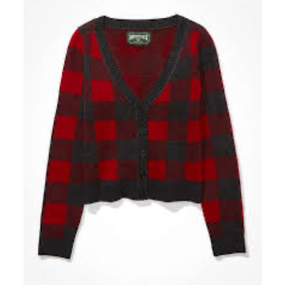 American Eagle Red Grey Plaid Buffalo Check Button Cardigan Large Fall Thick - Picture 5 of 7